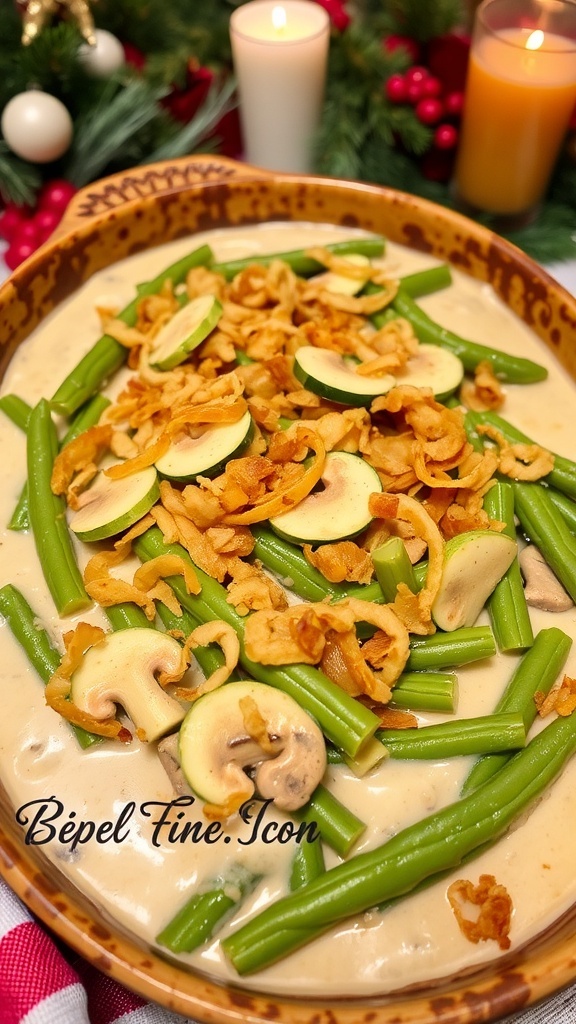 A delicious green bean casserole topped with crispy fried onions in a baking dish, ready to be served.